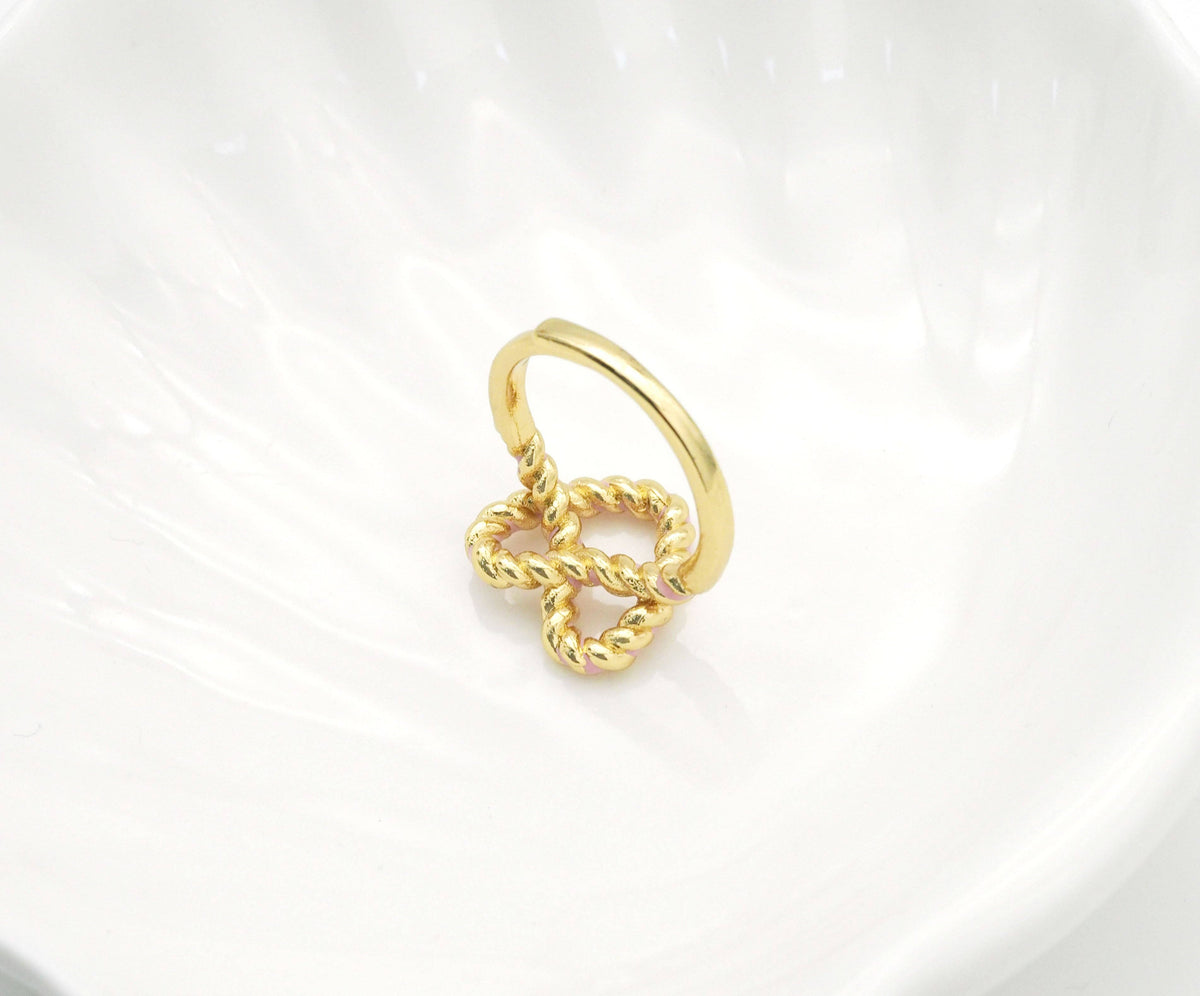Gold Enamel Pink Twist Heart Adjustable Ring, Sku#B338