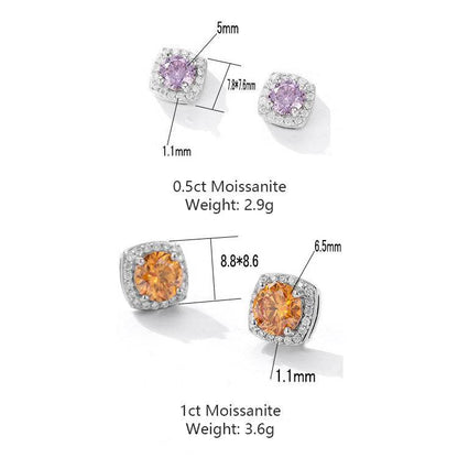 S925 Magnetic Multicolor Moissanite Square Halo Stud Earrings for Men Women, 0.5/1ct Round Cut