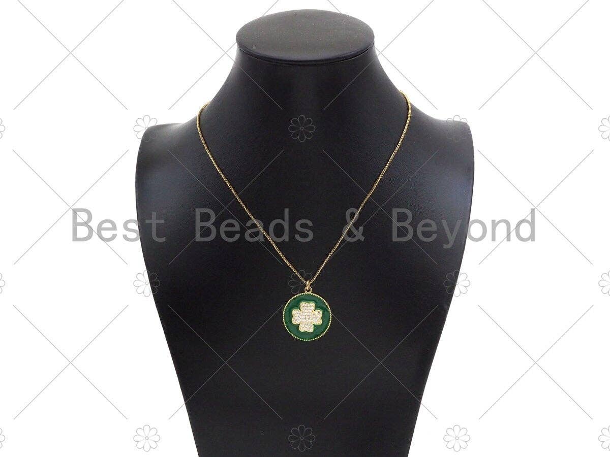 CZ Gold Clover On Green/Pink/Black/White/Red/Blue Enamel Round Coin Shape Pendant, 18K Gold Enamel Charm, Enamel Jewelry, 25x28mm,Sku#B131
