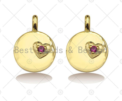 Fuchsia CZ Micro Pave Heart On Round Coin Shape Charm,18K Dianty Gold Medallion  Charm, Necklace Bracelet Charm Pendant,13x18mm, Sku#LK257