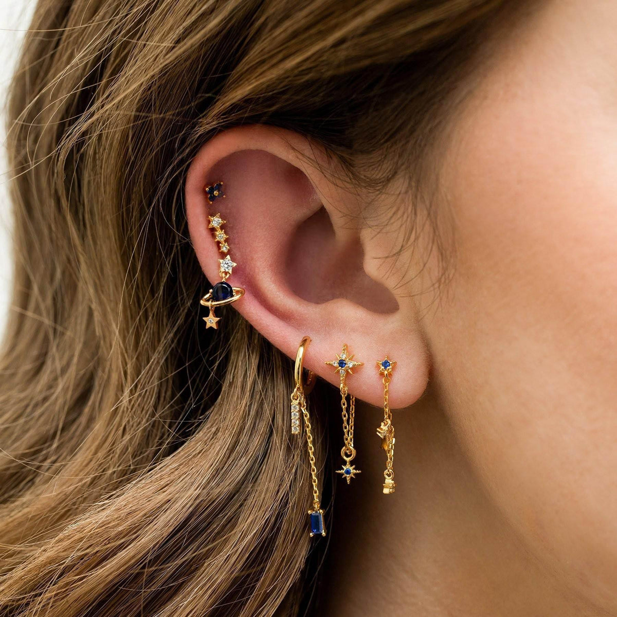 Multi Sets of Blue Flower Pierced Earrings, 4-6pcs, 18k Gold Plated Stud Drop Hoop Huggie Cuff Chain, S925 Needle
