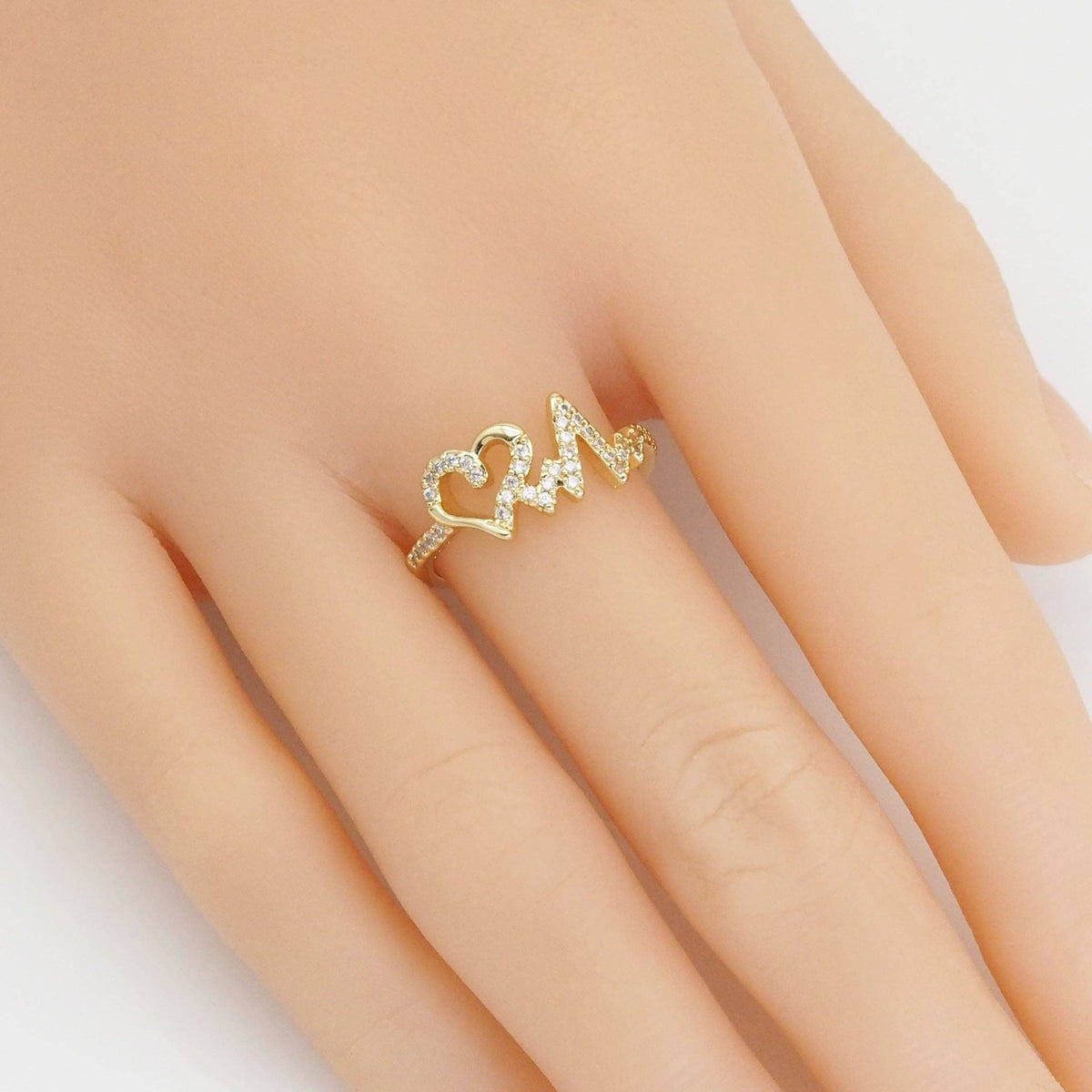 Gold CZ Heart electro wave line Adjustable Ring, Sku#LD498