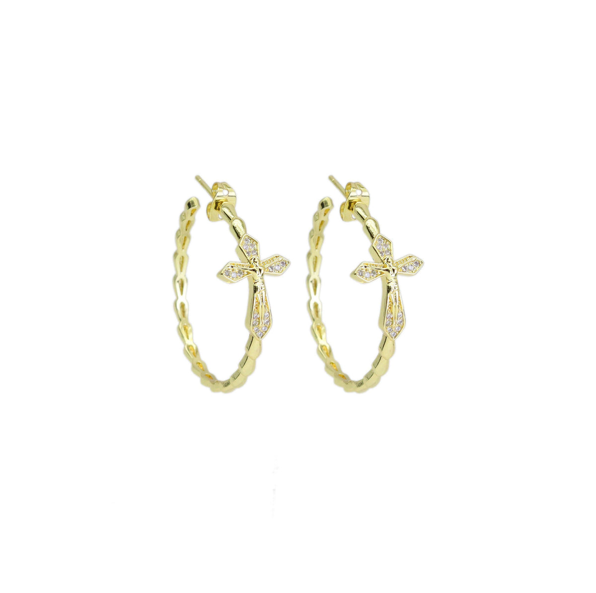 Clear CZ Gold Cross Hoop Earrings, Sku#LD523