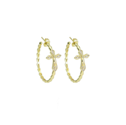 Clear CZ Gold Cross Hoop Earrings, Sku#LD523