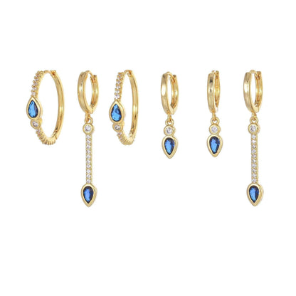 Multi Sets of Blue Flower Pierced Earrings, 4-6pcs, 18k Gold Plated Stud Drop Hoop Huggie Cuff Chain, S925 Needle