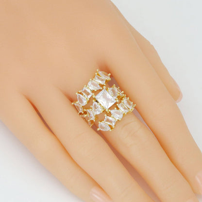 Gold Clear Drop Rectangle CZ Triple line statement Adjustable Ring, Sku#LK1004