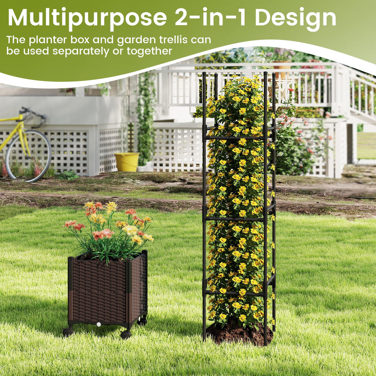 87 Inch Tall Raised Garden Bed with Plant Box Trellis and Lockable Wheels Adjustable Height