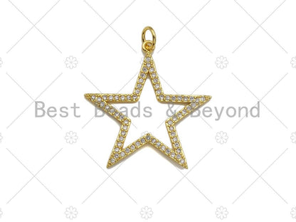 Gold Five Point Star Shape Pendant,  Frame Star Charm, Pave Star Pendant, Gold plated, 27mm, Sku#LK81