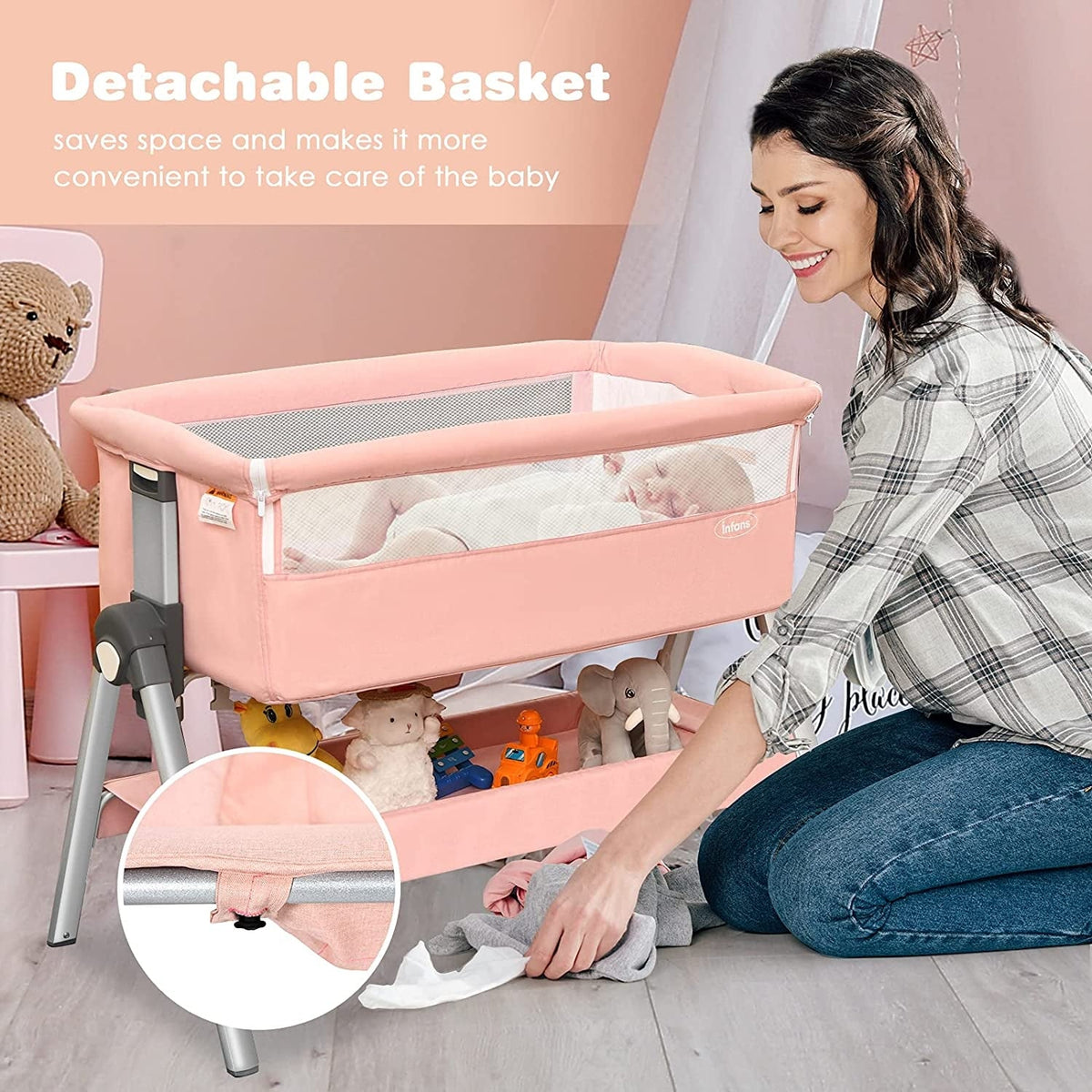 Portable Baby Bedside Sleeper with Adjustable Heights and Angle-Pink