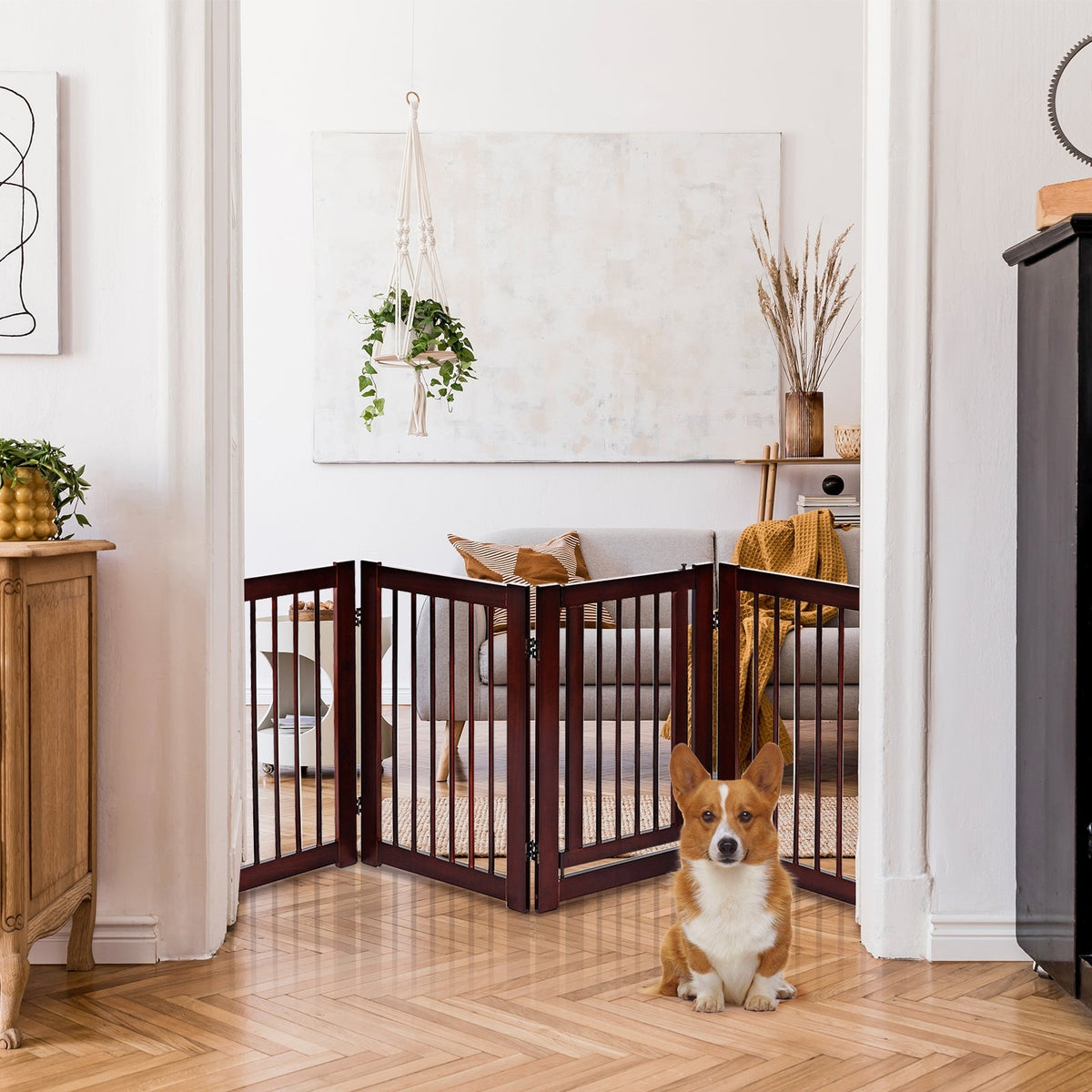 30 Inch Tall 4-Panel Freestanding Pet Gate Wooden Dog Fence-Brown