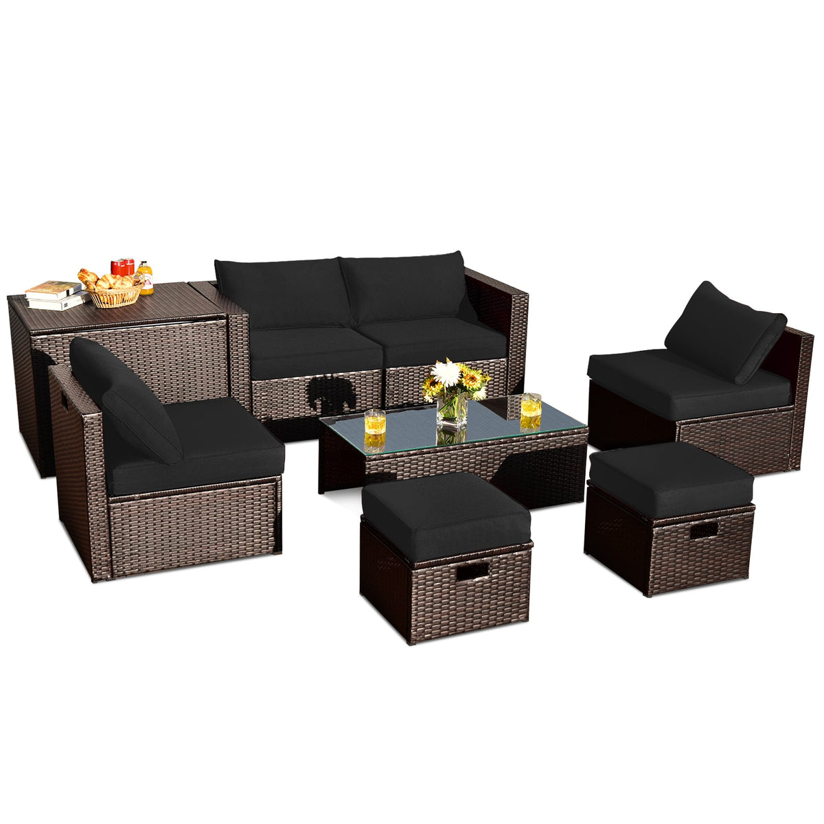 8 Pieces Patio Space-Saving Rattan Furniture Set with Storage Box and Waterproof Cover-Gray