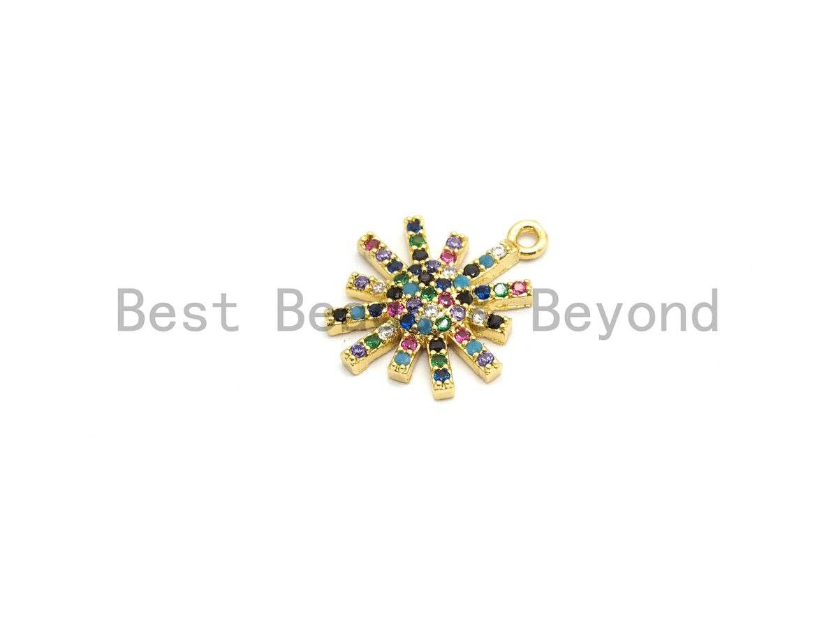 Multi-Color CZ Micro Pave Radial Flower Star Pendant, Flower Shaped Pave Pendant, Gold plated, 14x17mm, Sku#B106