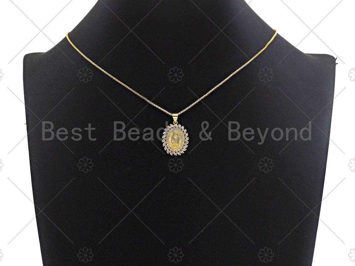 18K Gold Virgin Mary On Oval Emblem Shape Pendant, Oval Char