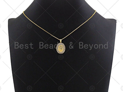 18K Gold Virgin Mary On Oval Emblem Shape Pendant, Oval Char