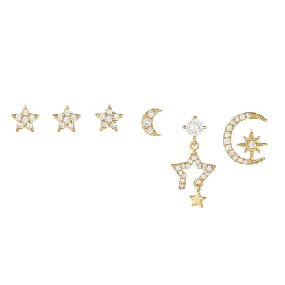 Multi Sets of Chic Star&Moon Earrings, 3-6pcs, 18k Gold Plated Stud Drop Hoop Huggie Cuff Chain, S925 Needle