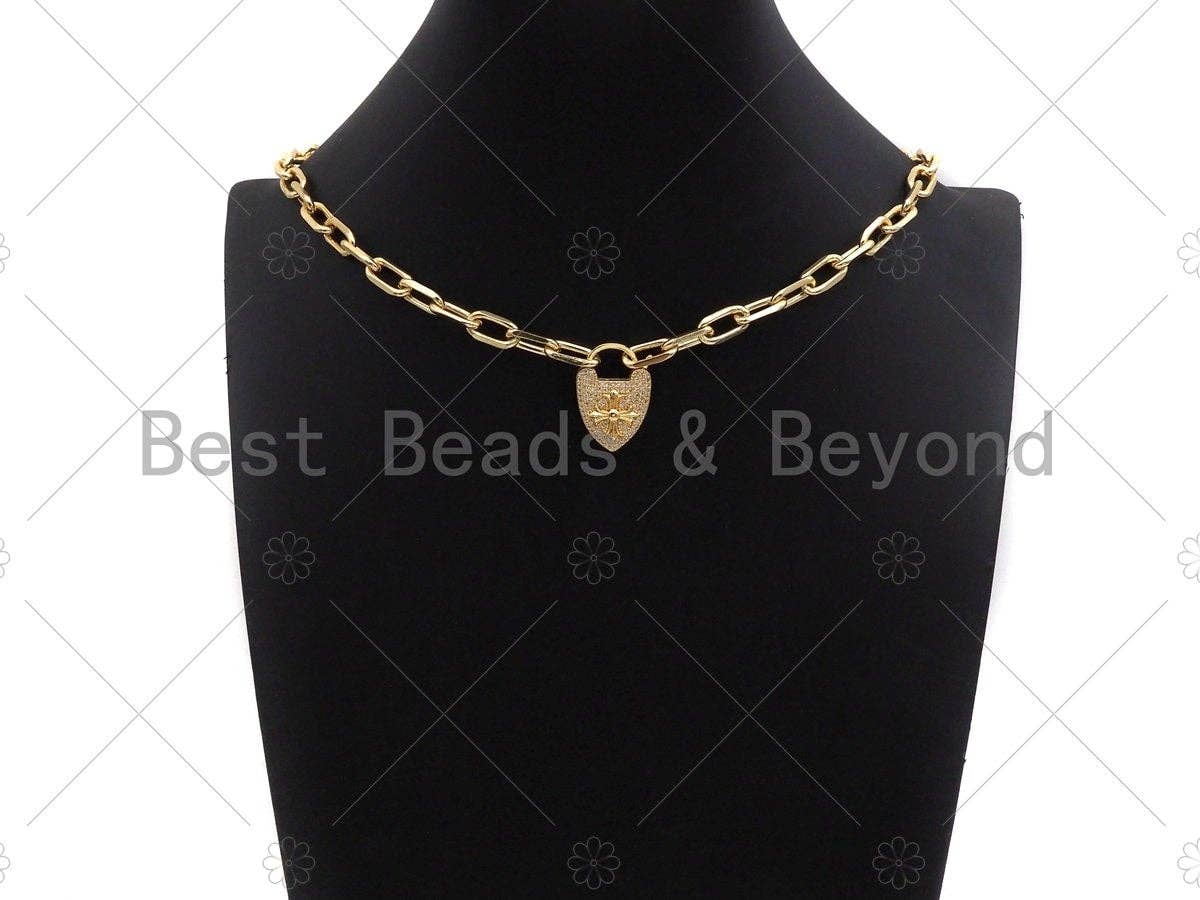 18K Gold Cross On Heart Fancy Lock Clasp, CZ Micro Pave Lock