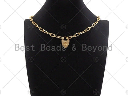 18K Gold Cross On Heart Fancy Lock Clasp, CZ Micro Pave Lock