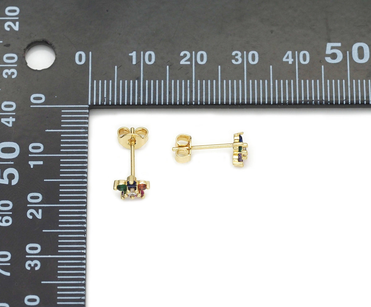 Mini Colorful CZ Gold Flower Stud Earrings, Sku#LD359