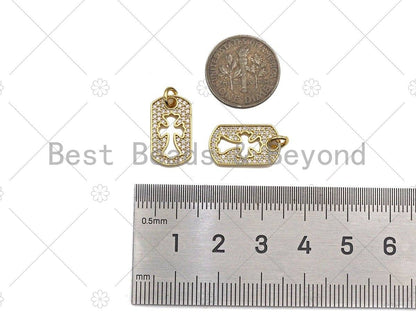 CZ Micro Pave Hollow Out Cross On Rectangle Shape Pendant/Charm,Dainty Medallion Charm, Necklace Bracelet Charm Pendant,10x17mm, Sku#L514