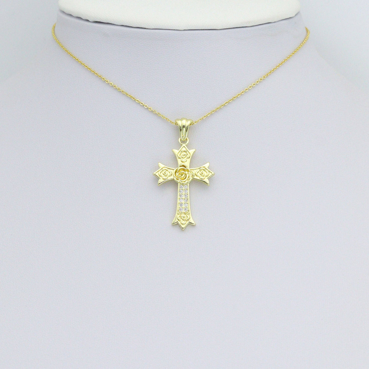 CZ Gold Flower On Cross Charm Pendant, Sku#LK1195