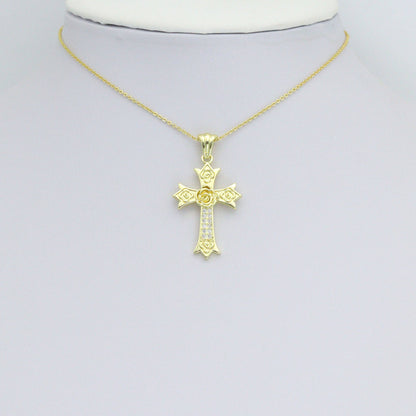 CZ Gold Flower On Cross Charm Pendant, Sku#LK1195