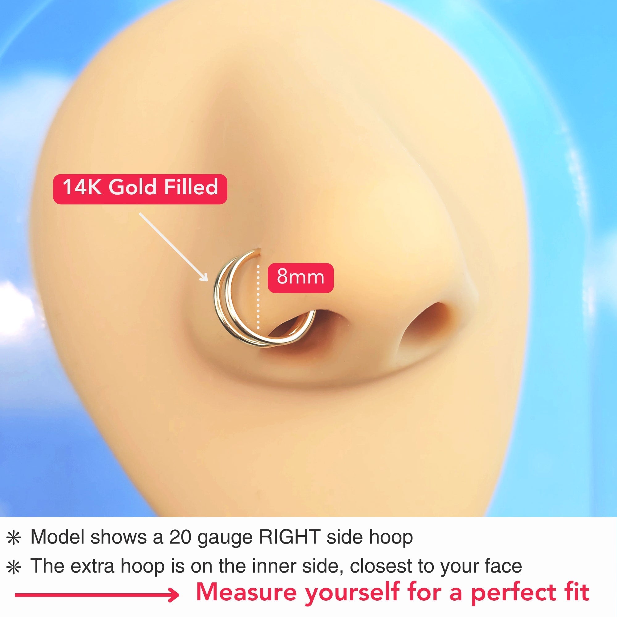 Double Hoop Nose 14k Yellow Gold Filled Spiral Nose Ring 20G 8mm Left