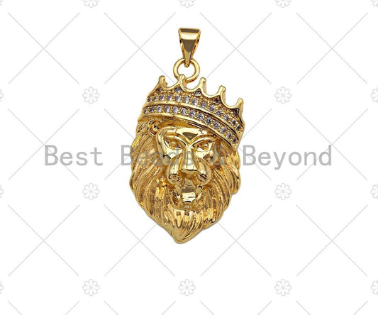CZ Micro Pave Lion Head With Crown Shape Pendant/Charm,Cubic Zirconia Charm, Necklace Bracelet Charm Pendant, 18x29mm, sku#L419