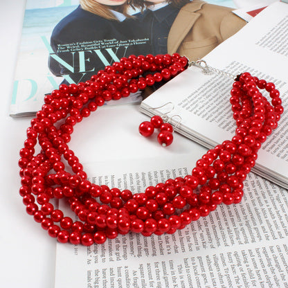 Multilayer Imitation Pearl Earhook Beaded Necklace Short Jewelry Set