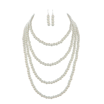 Pearl Necklace Earring Set Multilayer Strand Chain Faux Pearls Jewelry Set