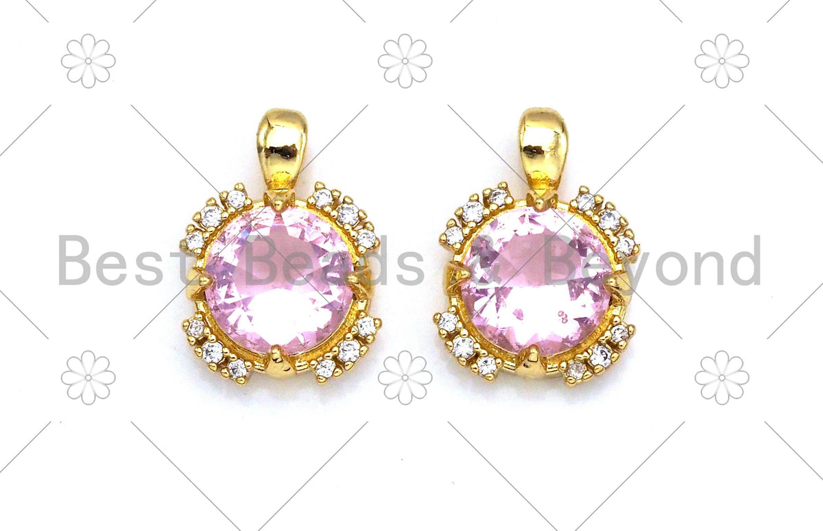 Pink CZ Micro Pave Cute Round Shape Pendant, 18K Gold Filled Round CZ Charm, Big CZ Pave Pendant, 11x15mm, Sku#LK372