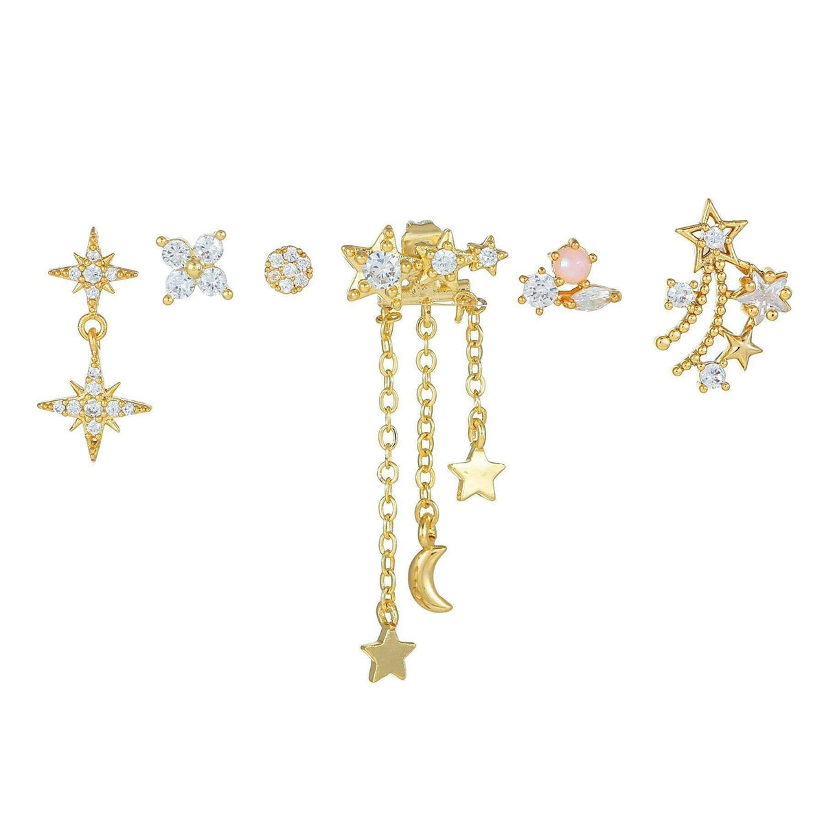 Multi Sets of Chic Star&Moon Earrings, 3-6pcs, 18k Gold Plated Stud Drop Hoop Huggie Cuff Chain, S925 Needle