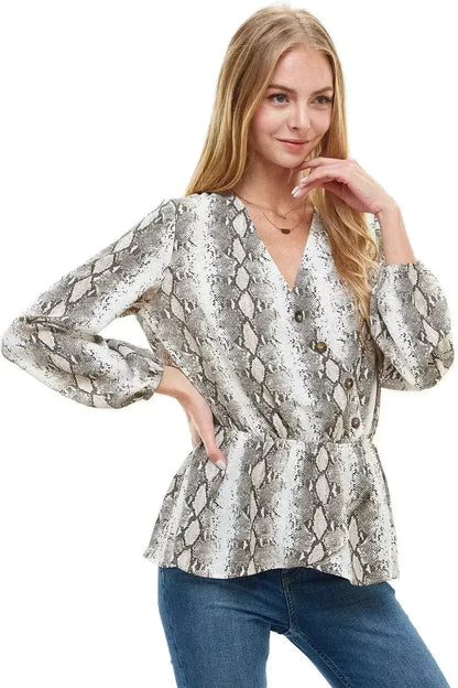 Snake V neck Button Front Peplum Long Sleeve Blouse Top | Femstylo