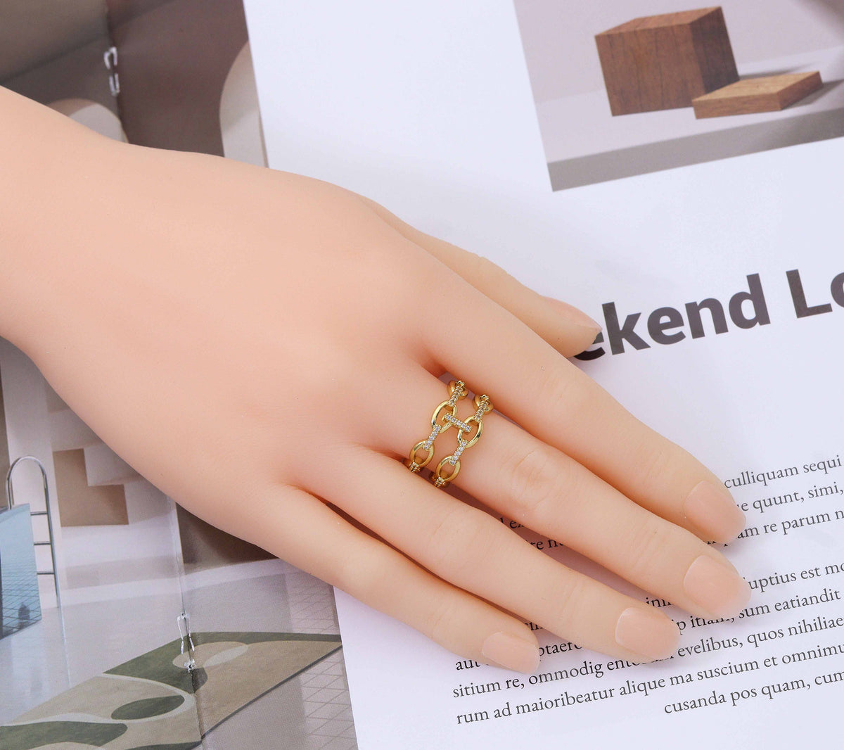 CZ Double Oval Link Adjustable Ring, Sku#LD247