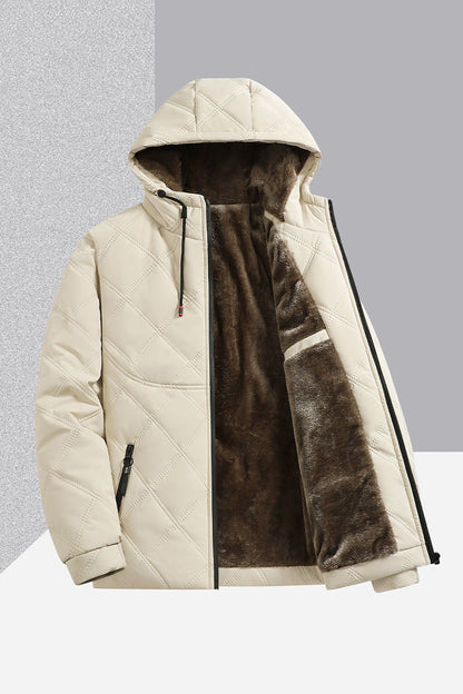 Men's Jacket With Fleece And Thick Cotton, Casual Hooded Stand-up Collar
