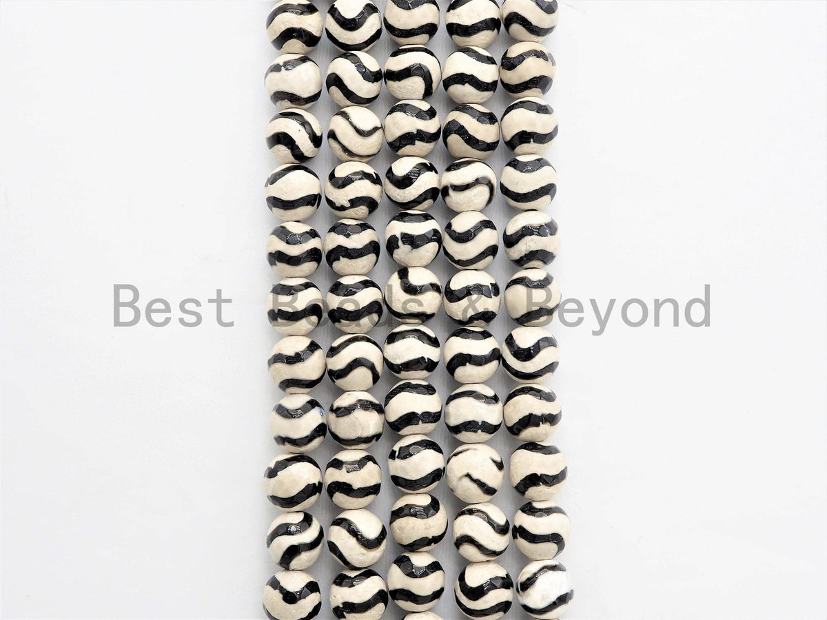 Dzi Black Band Faceted Round Beads,  Zebra Striped Tibetan A