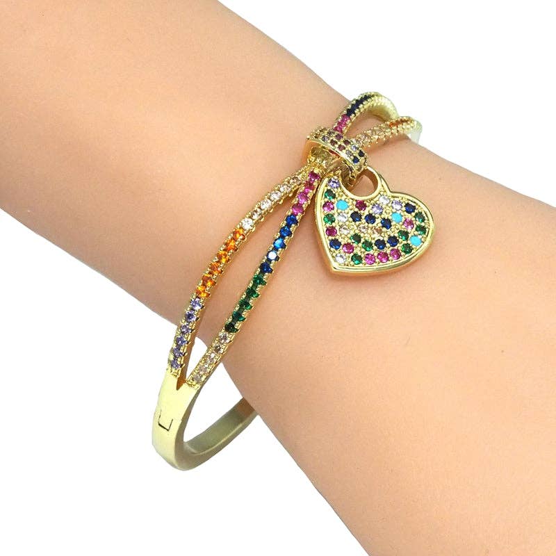 Colorful CZ Cross Dangle Heart Adjustable Bracelet, Sku#LD401