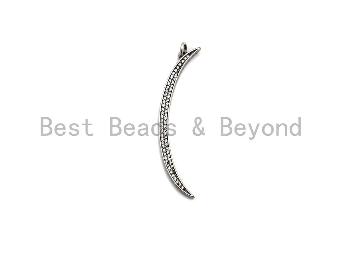 Oxidized Silver CZ Micro Pave Crescent Moon Shaped Pendant/Charm, Antique Silver Thin Moon, Cubic Zirconia Pendant Charm, 3x49mm,sku#X122