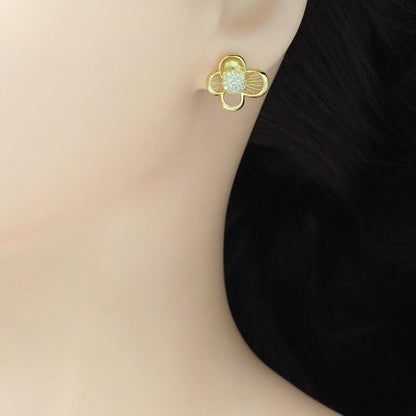 CZ Gold Flower Stud Earrings, Sku#LK899