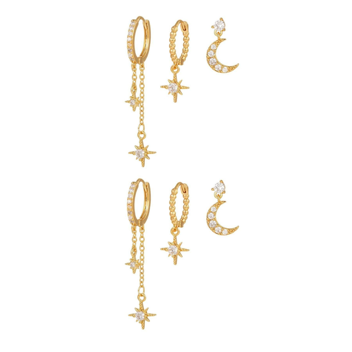 Stacking 3 Pieces Lunar Starlight Glow Earring Set, 18k Gold and White Gold Stud Drop Hoop, S925 Needle, Stacked Lobe Designs with Dazzling Zirconia
