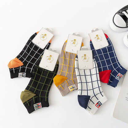 Mens Cotton Socks Plaid Pattern Low-cut All-season