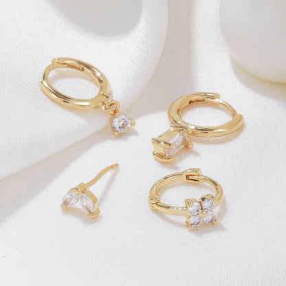Stacking 4 Pieces Geometric Zircon Stud Earring Set, 18k Gold Plated Ear Studs and Drops, Trendy Sweet Cool Earrings, S925 Needle