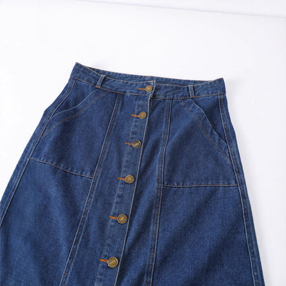 Solid-color Single-breasted Denim Skirt With Pockets