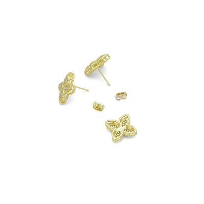 Gold Clear CZ Flower Stud Earrings pendant Charm set, Sku#LK1019