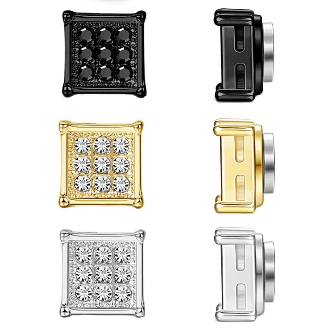 Magnetic Iced Out CZ Square Stud Earrings for Men Women, Non-Piercing Clip On Stainless Steel