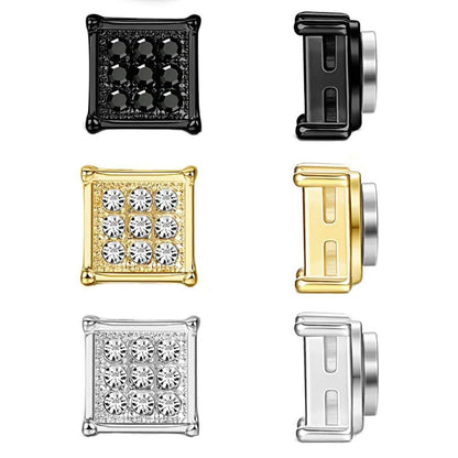 Magnetic Iced Out CZ Square Stud Earrings for Men Women, Non-Piercing Clip On Stainless Steel