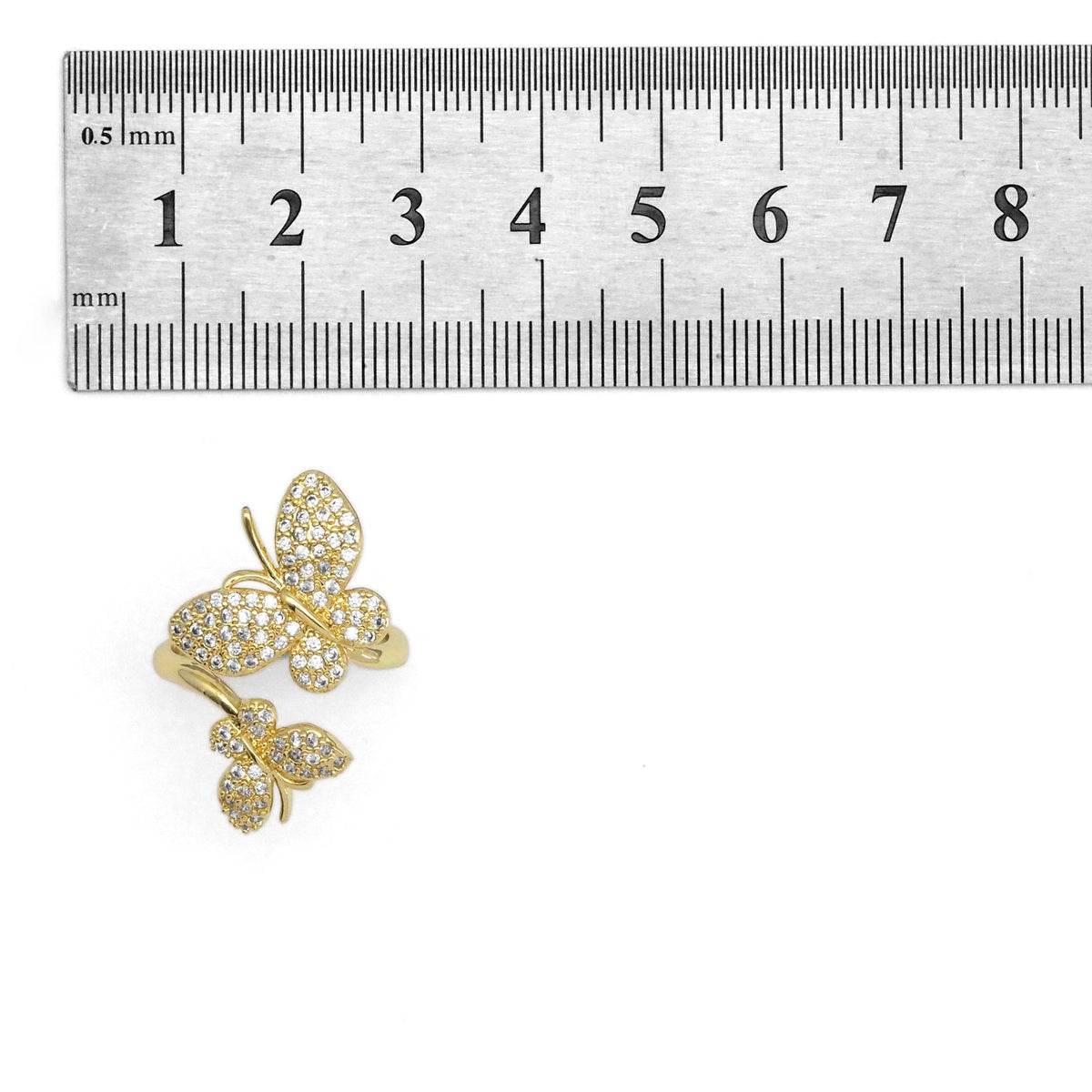 Gold CZ Twin Butterfly Adjustable Ring, Sku#LD429