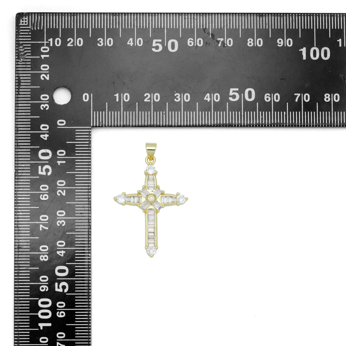 Gold Clear Baguette CZ Cross Charm Pendant, Sku#LD638