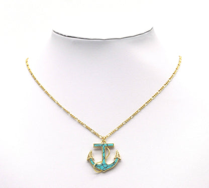 Gold CZ Turquoise Malachite Boat Anchor Charm, Sku#L687