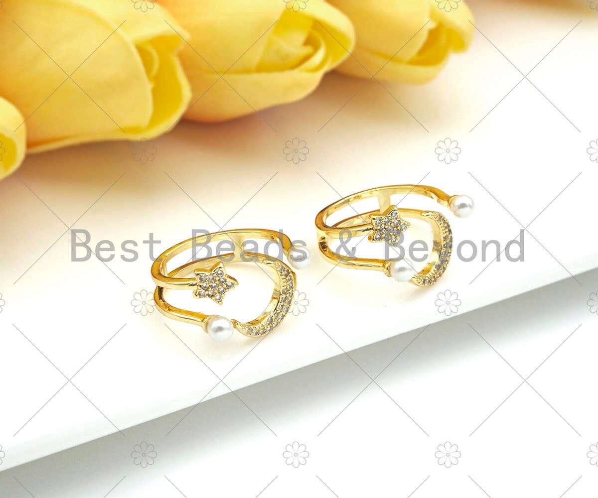 CZ Micro Pave Pearl Star Crescent Moon Ring, sku#LD81