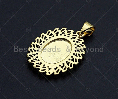 18K Gold Virgin Mary On Oval Emblem Shape Pendant, Oval Char